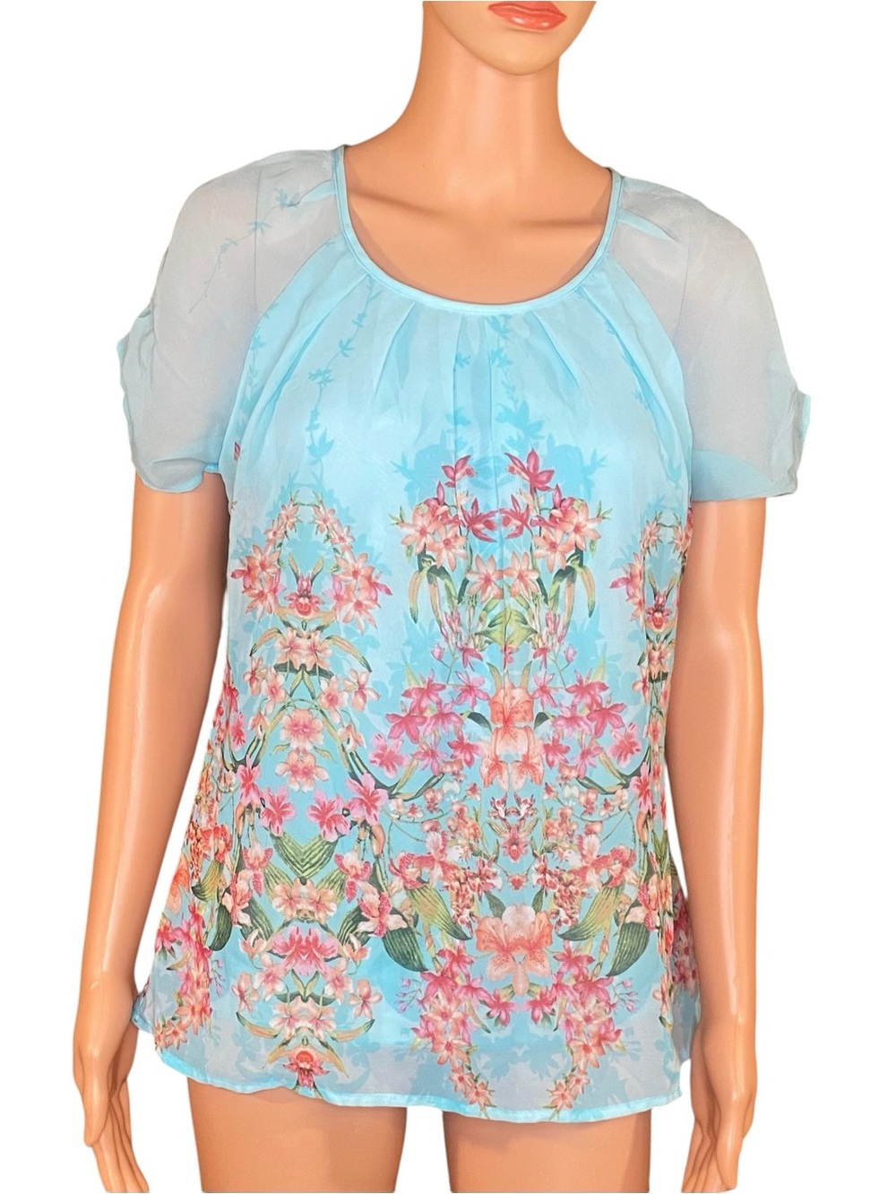 Fairycore Lightweight Blouse Floral Sheer Sleeve Flowy Ethereal Scoop Neck SZ SM